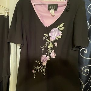 Formal black top and skirt combo, embroidered